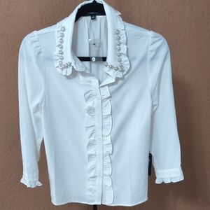 NWT Alice Blue Women's White Ruffled 3/4 Sleeve Blouse Size Small